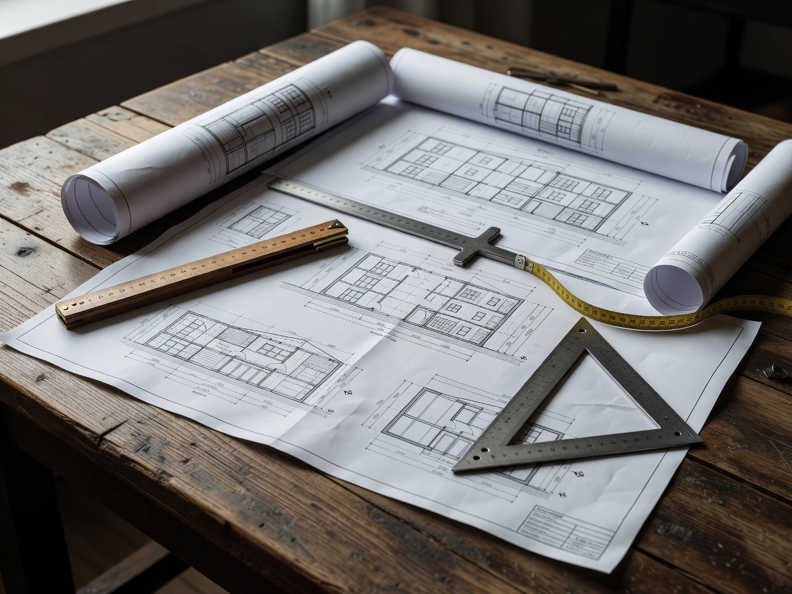 Architectural blueprints and measuring tools on a table