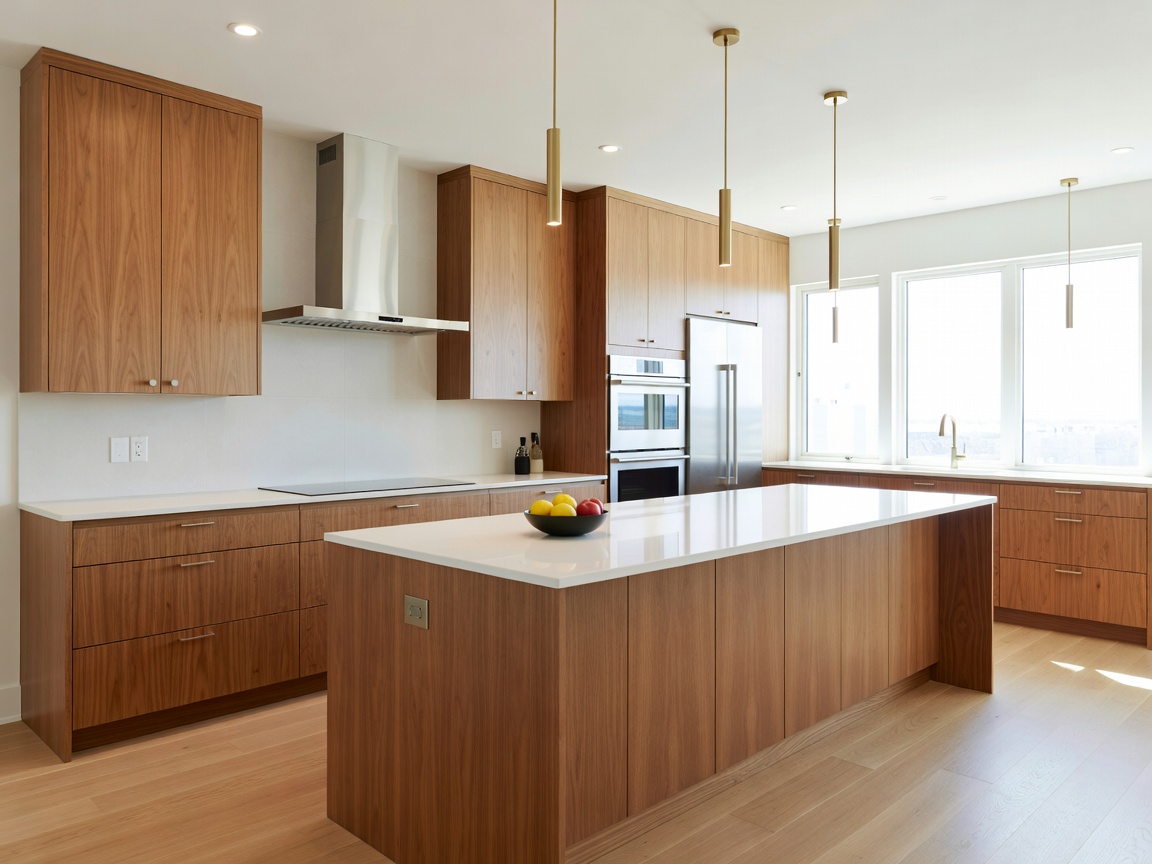 Bright contemporary kitchen with wood cabinetry and island