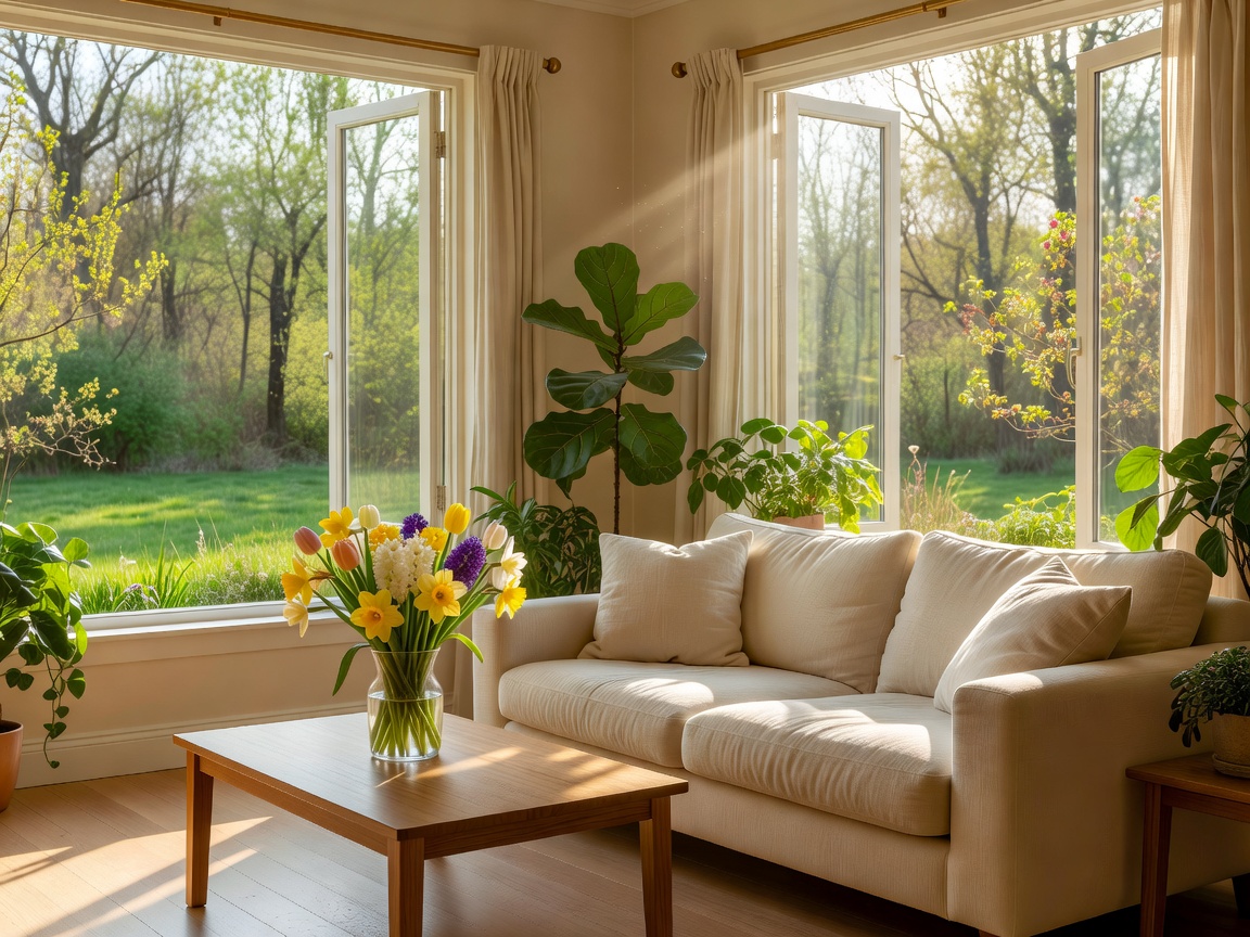 Bright sunlit living room with open windows and spring greenery