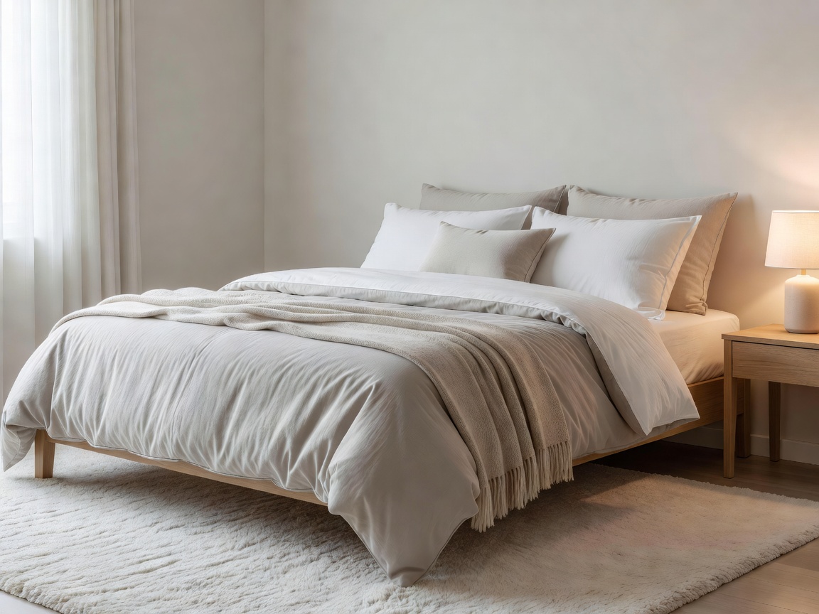 Calm bedroom setting with layered linens and soft lighting