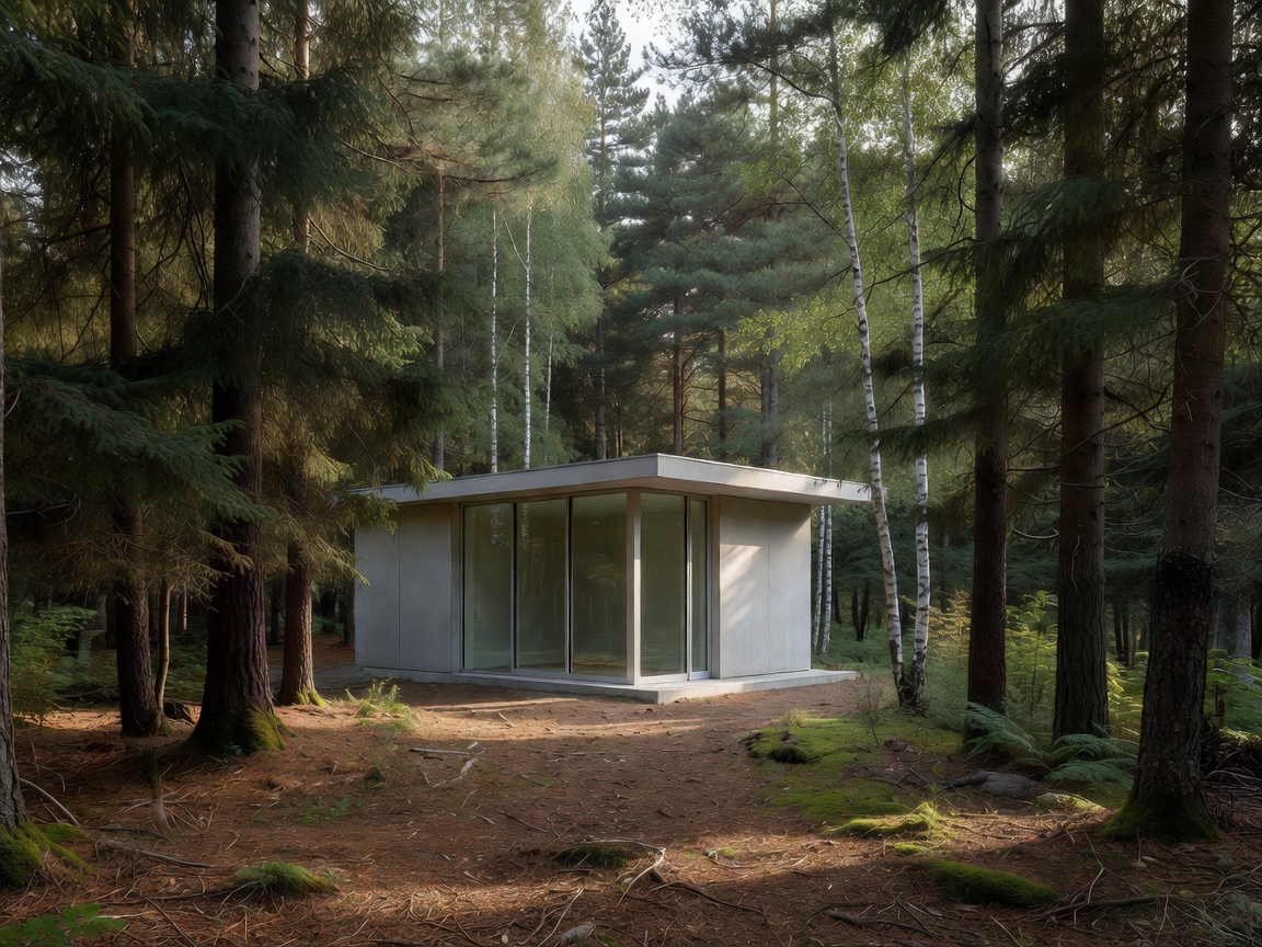Compact modern cabin surrounded by trees