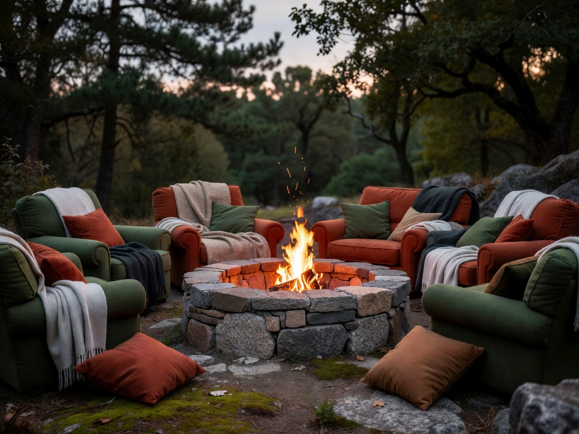 Cozy outdoor seating area built around a stone fire pit