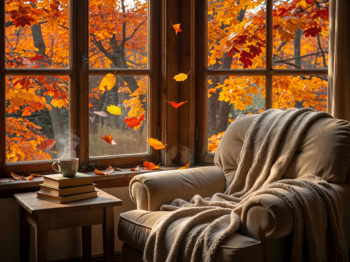 Cozy reading nook near a window looking out at autumn leaves