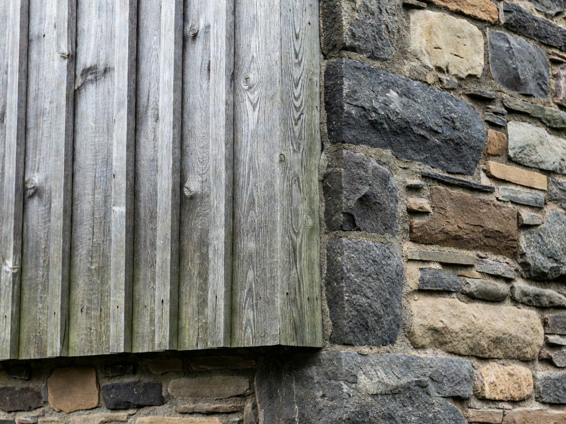 Detail of exterior timber cladding and stone masonry