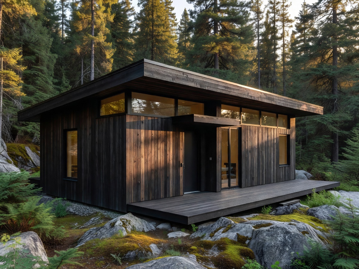 Exterior of a contemporary Canadian home clad in dark wood