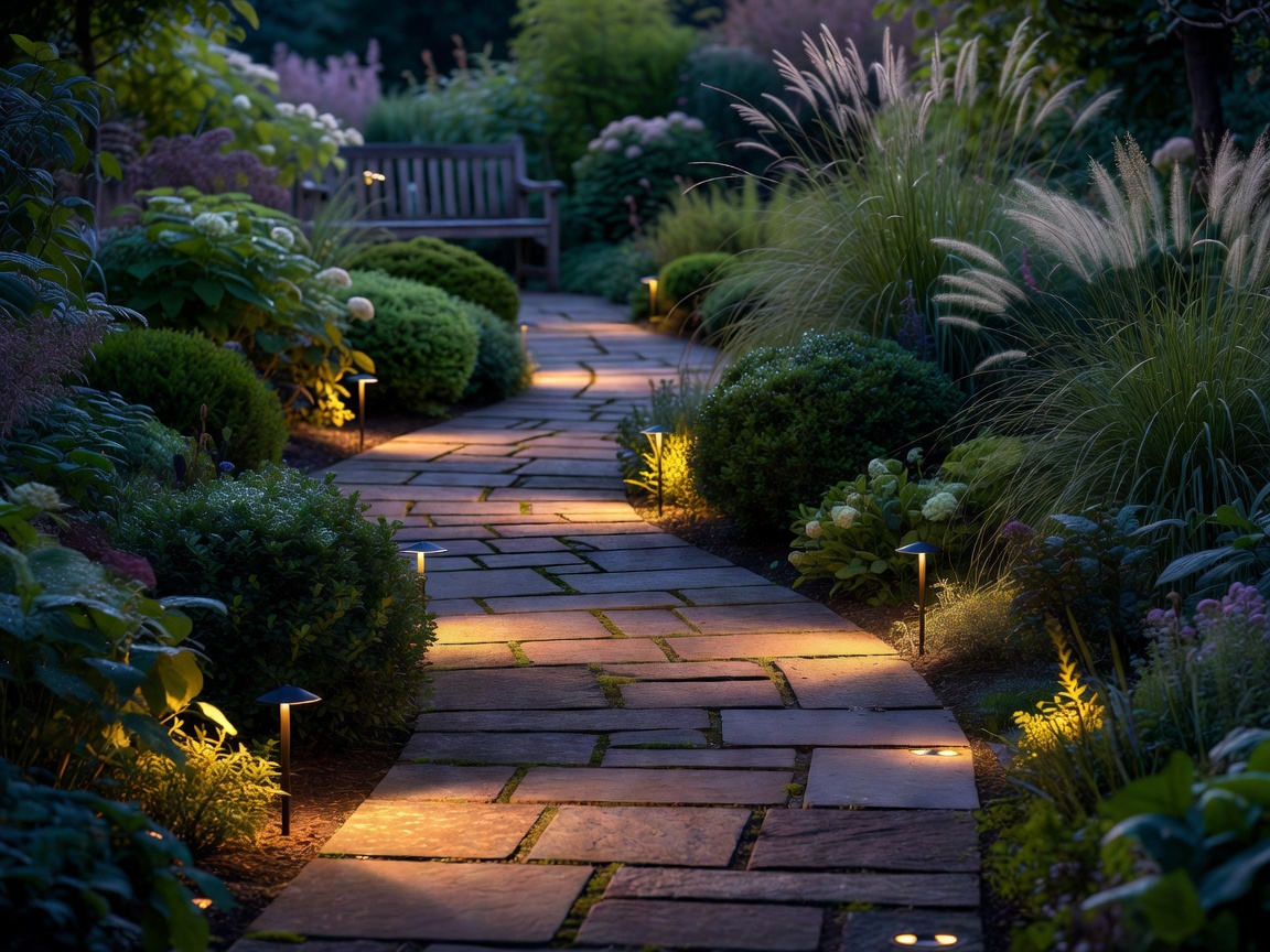 Garden path illuminated by low voltage landscape lighting