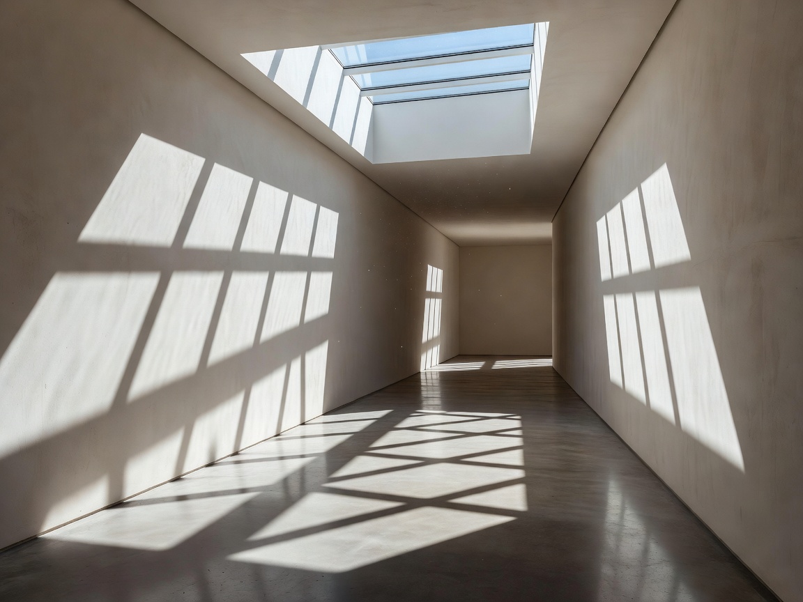 Interior corridor illuminated by striking shadows from a skylight