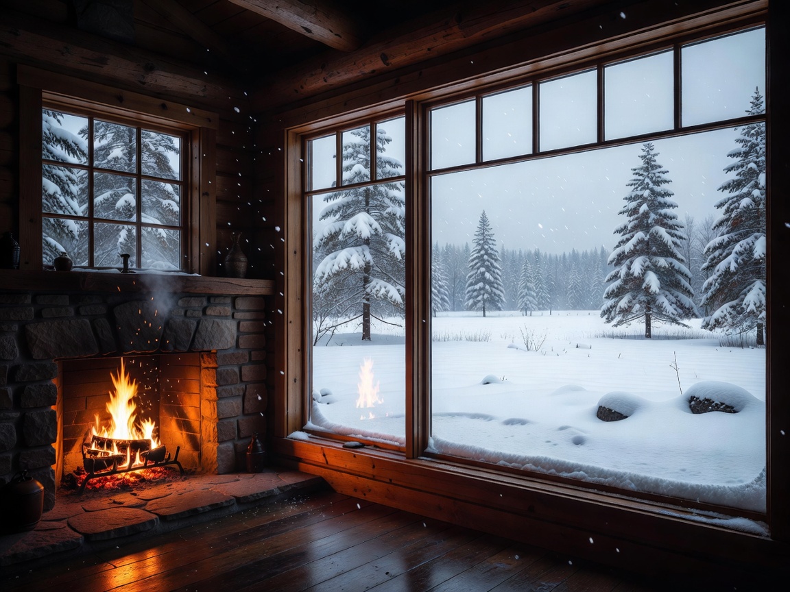 Interior view looking out a window at a snowy landscape, lit fireplace nearby
