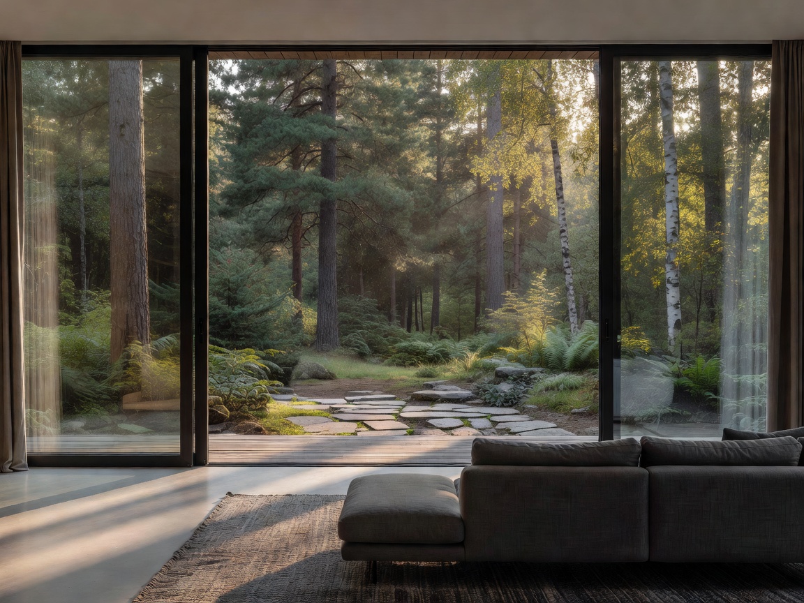 Large sliding glass doors connecting a living room to a forest patio