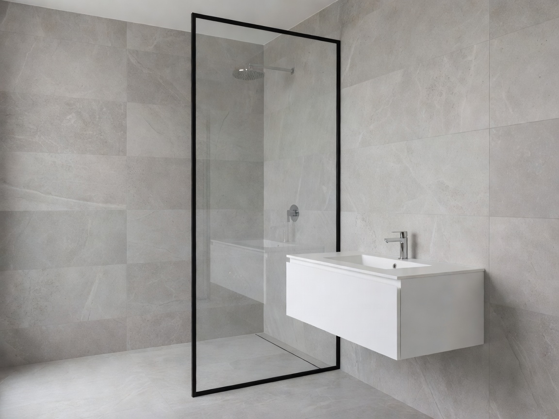 Minimalist modern bathroom with stone tiles and glass shower