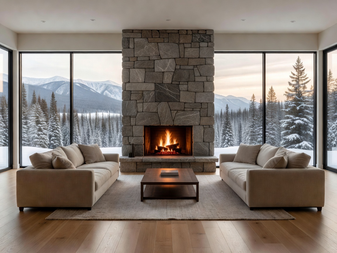 Modern Canadian living room with a stone fireplace and neutral sofas
