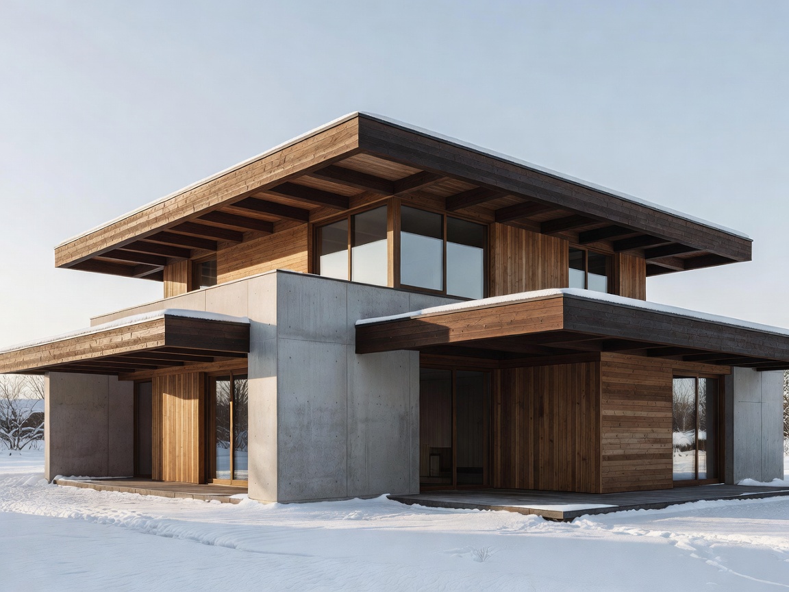 Modern house exterior featuring deep overhangs to protect from snow and sun
