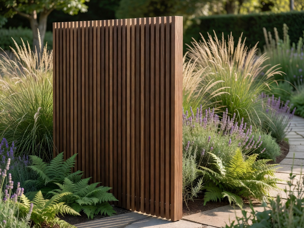 Modern slatted wooden privacy screen in a garden