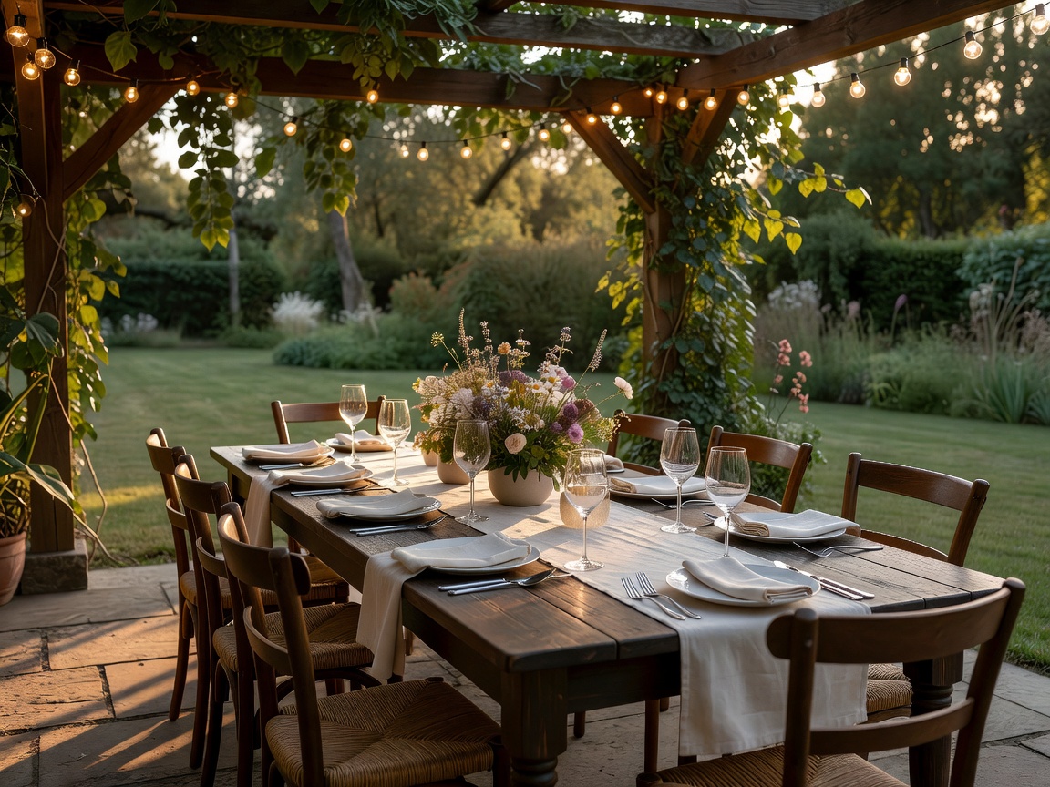 Outdoor dining table set up under a pergola with string lights