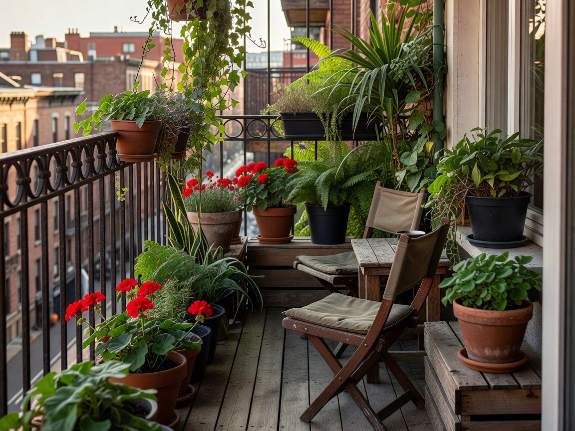 Small urban balcony styled with potted plants and seating