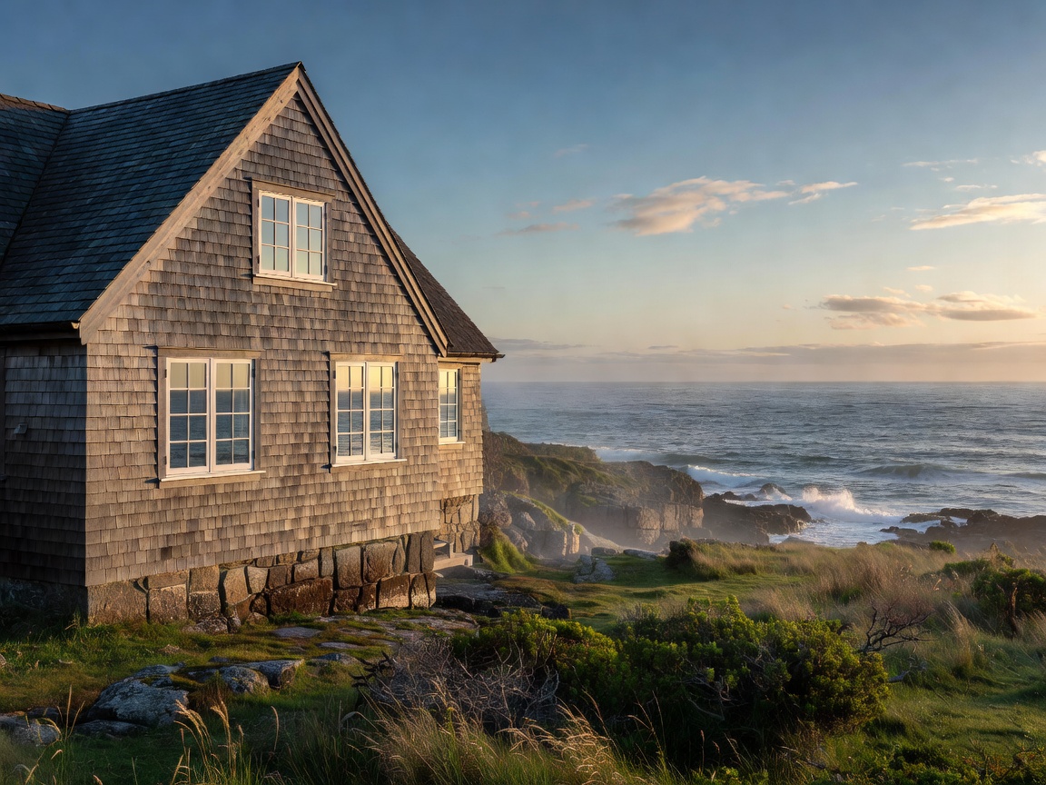Traditional influenced home with steep pitched roof in coastal setting
