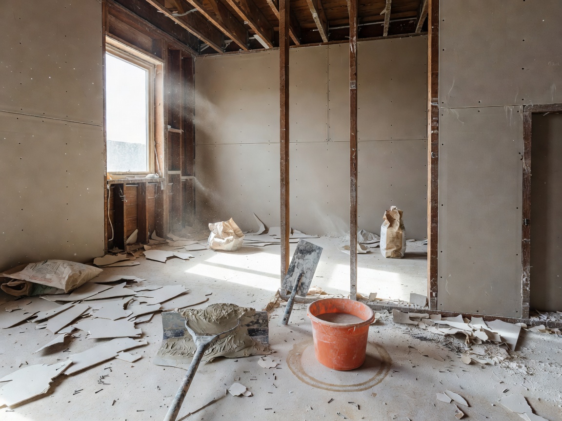 Unfinished interior room undergoing plastering and drywall installation